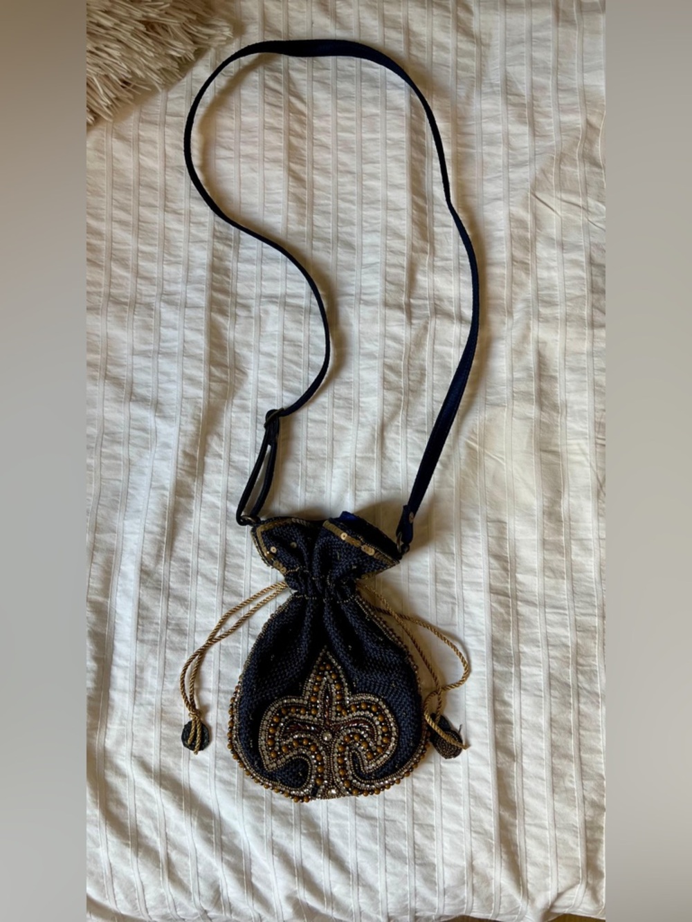 Navy and gold small Fleur de Lis beaded purse